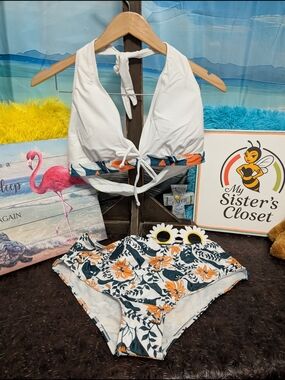 White Halter Bikini Top with Orange & Navy Floral High-Waist Bottoms